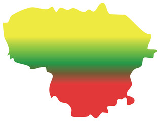 This image shows the map silhouette of Lithuania filled with the national flag's horizontal tricolor of yellow, green, and red.
