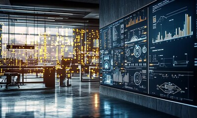 Modern office space with glowing data screens and digital information displayed on the wall and interior - Powered by Adobe