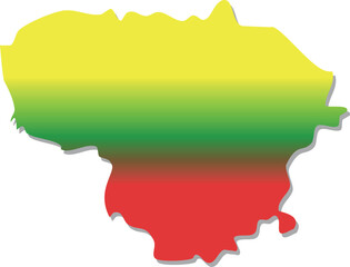This image shows the map silhouette of Lithuania filled with the national flag's horizontal tricolor of yellow, green, and red.