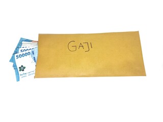 Salary Payment in Brown Envelope with Indonesian Rupiah Money, Gaji Concept, Isolated on White Background