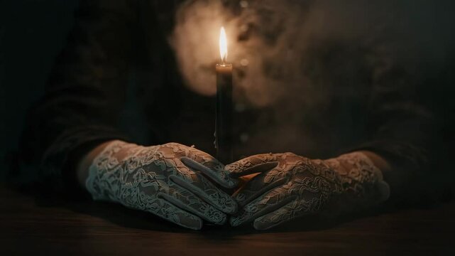 Victorian hands in white lace gloves mysteriously holding a lit candle against a dark, smoky background
