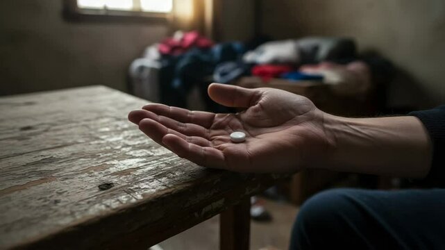 Desperate person's hand holding a single pill representing addiction against a dark messy room background
