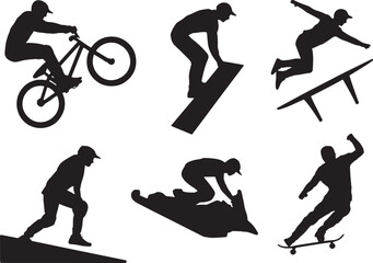 Naklejka premium Eight Black Silhouettes Athletes Extreme Sports B M X Skateboarding Ramp Jumps White Background vector