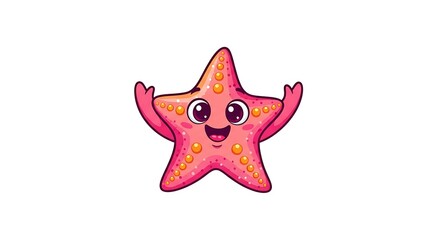 A cartoon pink starfish with a smiling face and arms raised on a white background illustration style