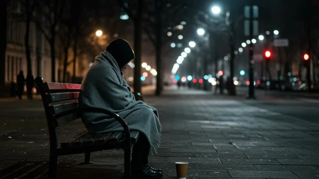 Lonely homeless person in a blanket sitting on a bench representing poverty against a dark city street at night