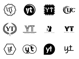 YT logo company template. Letter y and t logotype. Set different classic serif lettering and modern bold text with design elements. Initial font typography.