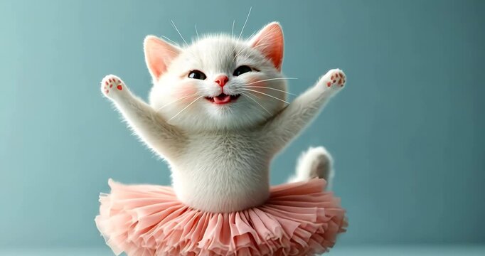 A cute white kitten wearing a pink tutu dances joyfully, bringing a smile to viewers.
