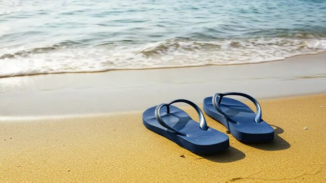 Blue flip-flops on the sand, blue and gold colors, representing a summer beach vacation - Powered by Adobe