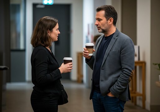 People conversing while holding coffee cups in a hallway