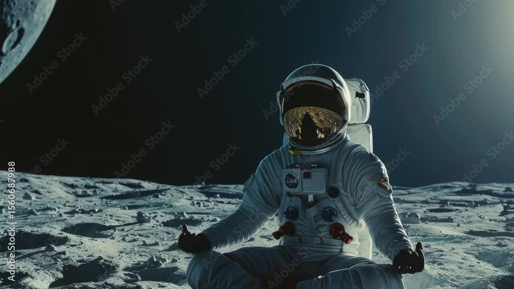 Poster astronaut sits on the lunar surface in a spacesuit