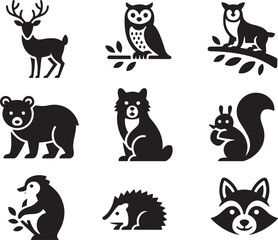 Ten Black And White Forest Animal Icons Set Deer Owl Lynx Bear Fox Squirrel Hedgehog Badger Raccoon vector