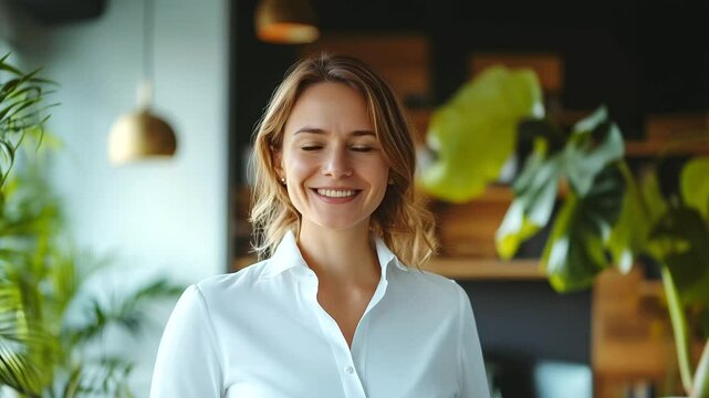 Successful team leader in white shirt smiling proudly at the camera, representing a productive and positive work environment. corporate culture, business success, positive energy,,Successful team lea
