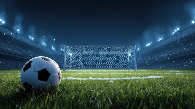 Soccer football championship vector background with sports ball and goals. Penalty kick concept. Gate soccer and ball on stadium illustration, no logos, no brands - Powered by Adobe