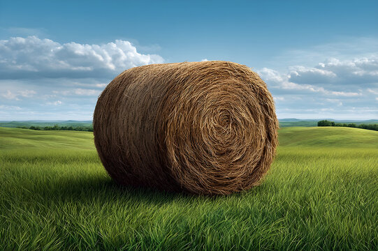 Large round hay bale sits in a lush green field under a blue sky with clouds