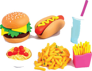 Plastic Food Toy Set – Vector Illustration of Hamburger, Hot Dog, Fries, Spaghetti, and Drink in Playful Toy Style with Bright Colors