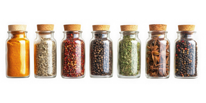 Spice Jars: Assortment of Herbs and Spices in Glass Bottles isolated on white png transparent background