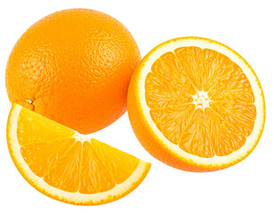 Fototapeta premium Fresh Oranges: Whole, Half, and Slice with Juicy Texture, Top View, Transparent PNG