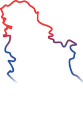 This image displays the map of Serbia filled with the national flag colors—red, blue, and white—and features the Serbian coat of arms prominently in the center.