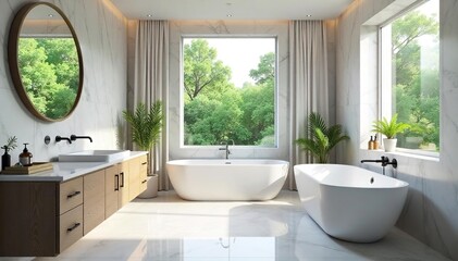 Luxurious Modern Bathroom Design Freestanding Tub, Marble Tile, and Natural Light