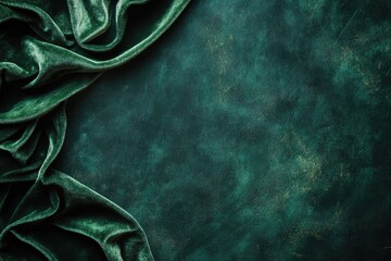 Draped emerald green velvet fabric on a textured dark green surface
