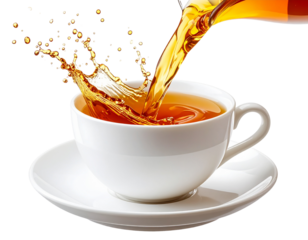 Elegant Splash of Tea Pouring into Cup with Steam Swirl, Transparent PNG