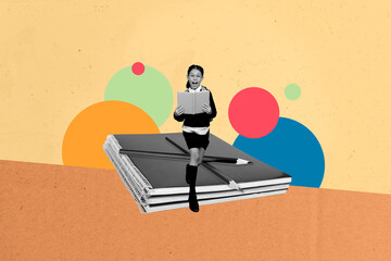 Image poster trend collage of happy schoolgirl run notepad carry book literature subject...