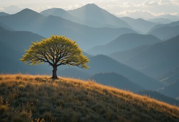 Tree on a Golden Hillside Against Mountain Background