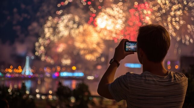 A man makes a photo of a salute on the phone. Holiday, fireworks. Application for processing photos., no logos, no brands