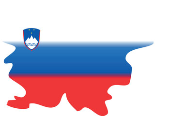 A silhouette map of Slovenia filled with the national flag's horizontal stripes of white, blue, and red, featuring the Slovenian coat of arms in the upper left.