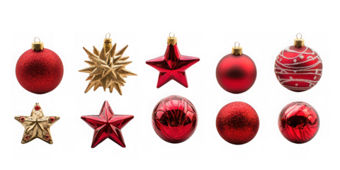 Christmas Ornaments: Red and Gold Holiday Decorations isolated on white png transparent background	