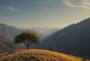 Tree on a Golden Hillside Against Mountain Background