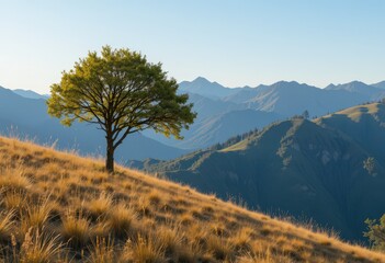 Tree on a Golden Hillside Against Mountain Background