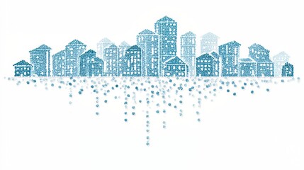 Fototapeta premium City skyline is shown in blue with a white background. The buildings are made up of small squares, giving the impression of a mosaic. Scene is one of urbanization and growth