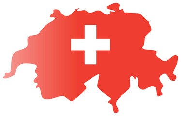 A red silhouette of Switzerland filled with a gradient and featuring a bold white cross, representing the national flag.