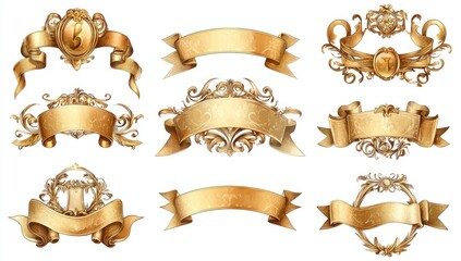 Gold ribbon banners with ornate decorative elements.  A collection of twelve golden ribbons, each with elaborate,  decorative frames and flourishes.  The ribbons and frames are a rich gold color
