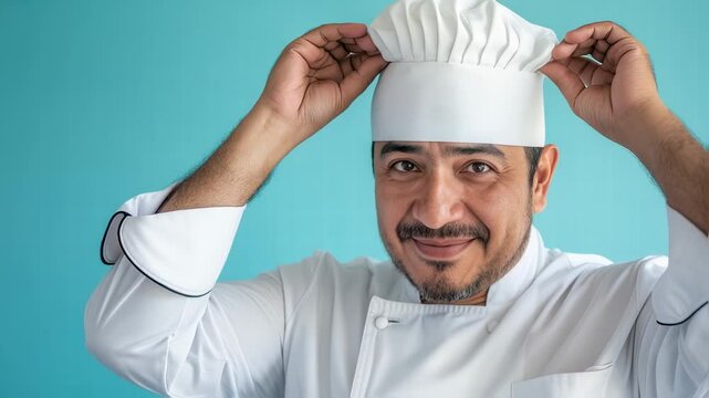 Chef's Pride: A skilled chef in crisp, white attire and a classic toque blanche smiles warmly. His confidence and passion for culinary arts is apparent. 