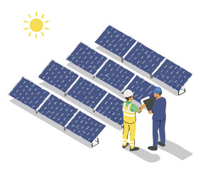 Solar cell team service install for new customer isometric designed. solar cell installer team service for customer house ecology and eco business isometric isolate vector.