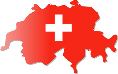 A red silhouette of Switzerland filled with a gradient and featuring a bold white cross, representing the national flag.