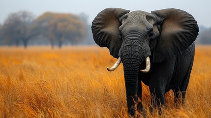 Fototapeta premium Majestic elephant stands proudly in golden grassland at dusk