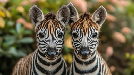 Zebra twins playfully interacting in a lush garden setting during golden hour