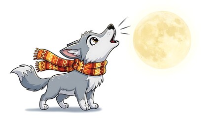 Naklejka premium Cartoon wolf wearing a scarf howling at the moon on a white background in a digital illustration