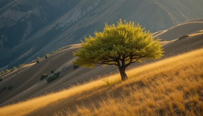 Tree on a Golden Hillside Against Mountain Background