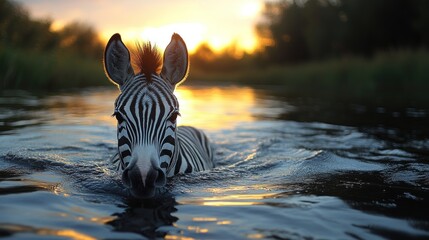Zebra gracefully swims in tranquil waters at sunset, showcasing nature's beauty