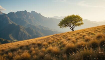 Tree on a Golden Hillside Against Mountain Background