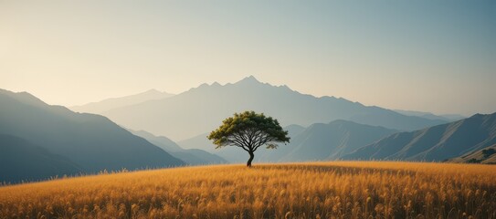 Tree on a Golden Hillside Against Mountain Background