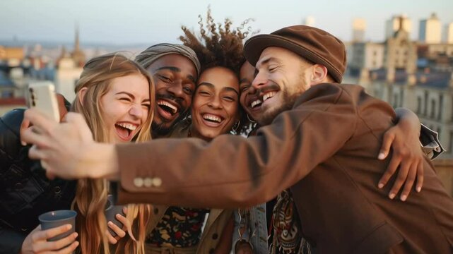 medium shot of a diverse group of friends taking selfies and laughing at a rooftop party during sunset, bold warm tones, urban lifestyle, spontaneous joy