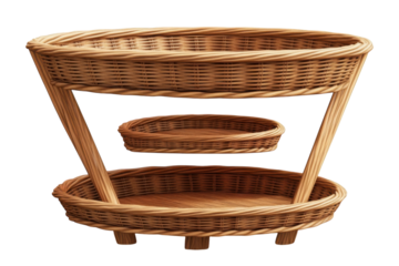 Rustic three tiered wicker basket stand perfect for displaying fruits crafts or decorative on transparent background