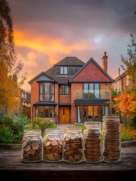 house on the river, house in autumn, sunset, UK House,  nature, house with money coins, real estate house, 