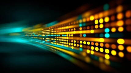 Long line of colorful dots that are all different sizes and colors. The dots are arranged in a way that creates a sense of movement and energy. The image is abstract and dynamic