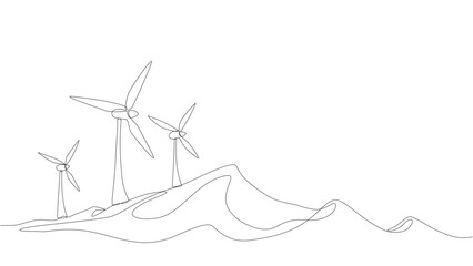 Continuous one line drawing of wind turbines on hills, clean energy and sustainable power generation concept. Vector Editable stroke